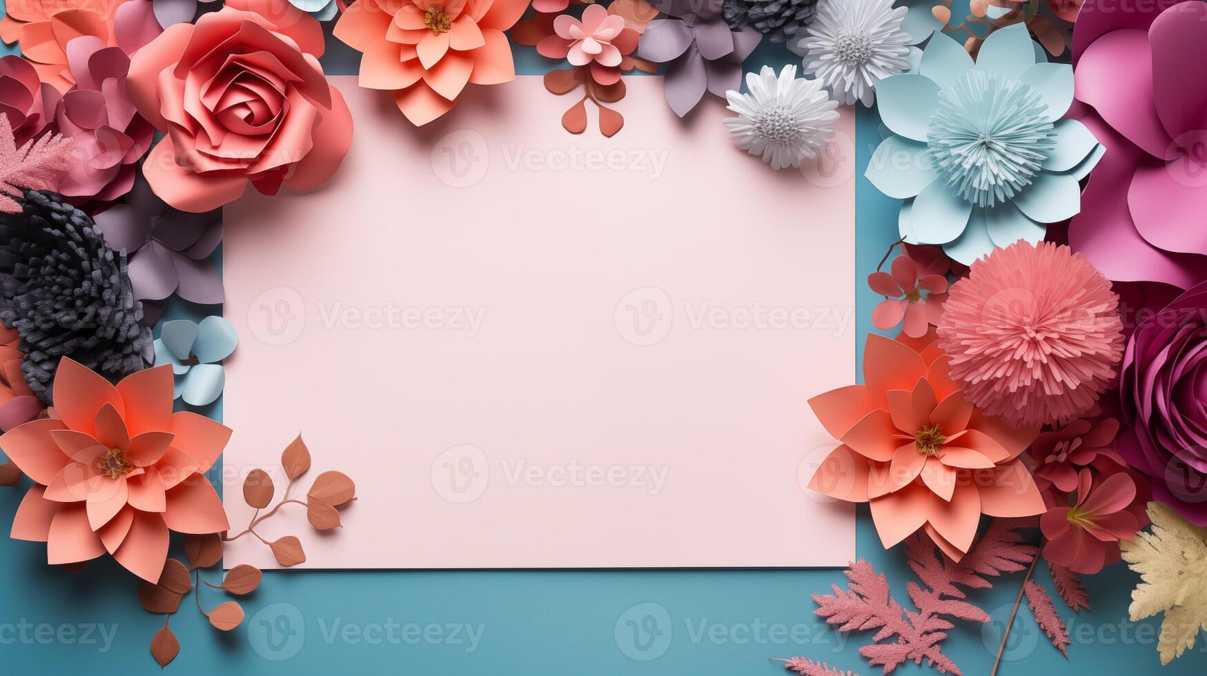 Vivid assortment of handmade paper flowers blank pink card mockup. Creative design, craft, invitation template advertising image. Floral decor stationery mock up product photorealistic photo