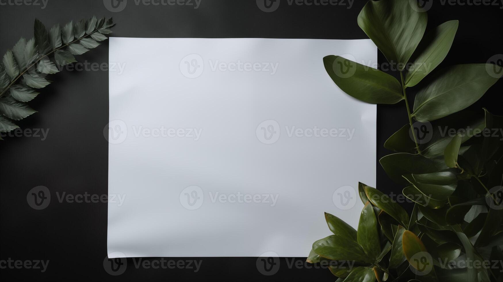 Blank paper mockup with green foliage on black surface. Eco-friendly design template advertising image. Botanical greenery. Fresh and natural composition mock up product photorealistic photo