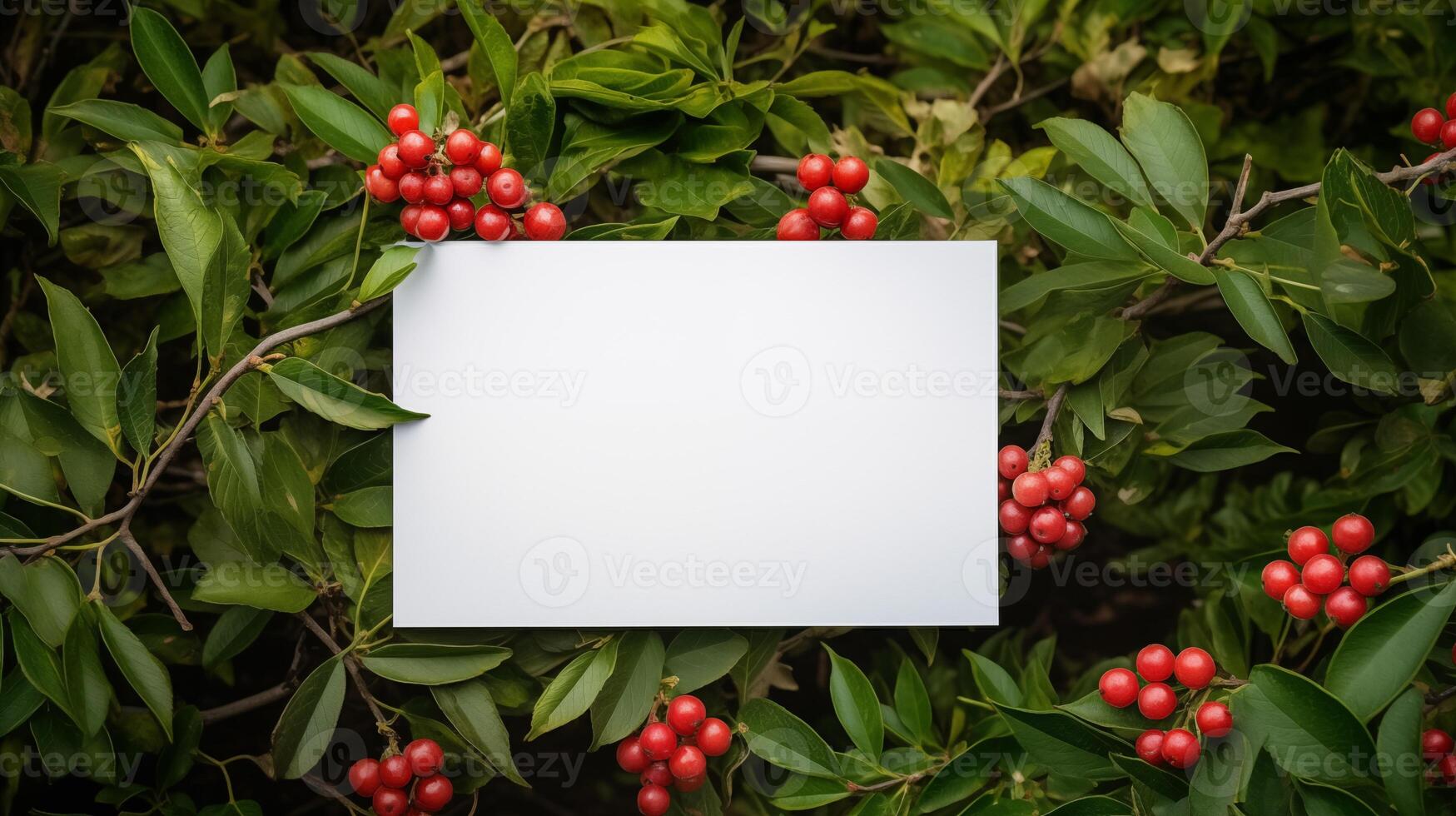 Blank white card mockup placed amid vibrant red berries lush green leaves. Seasonal message template advertising image. Nature-themed botanical design mock up product photorealistic photo