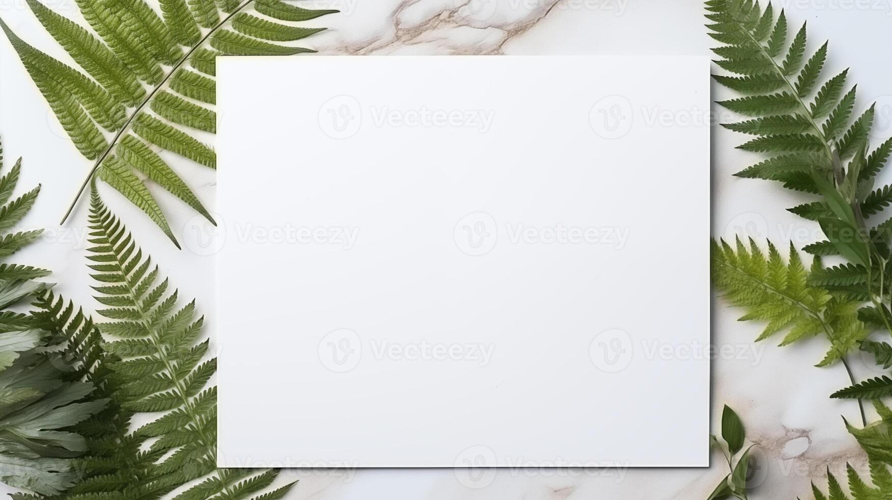 Blank white canvas centered on marble background lush green fern leaves. Botanical theme template advertising image. Fresh and organic composition mock up product photorealistic photo