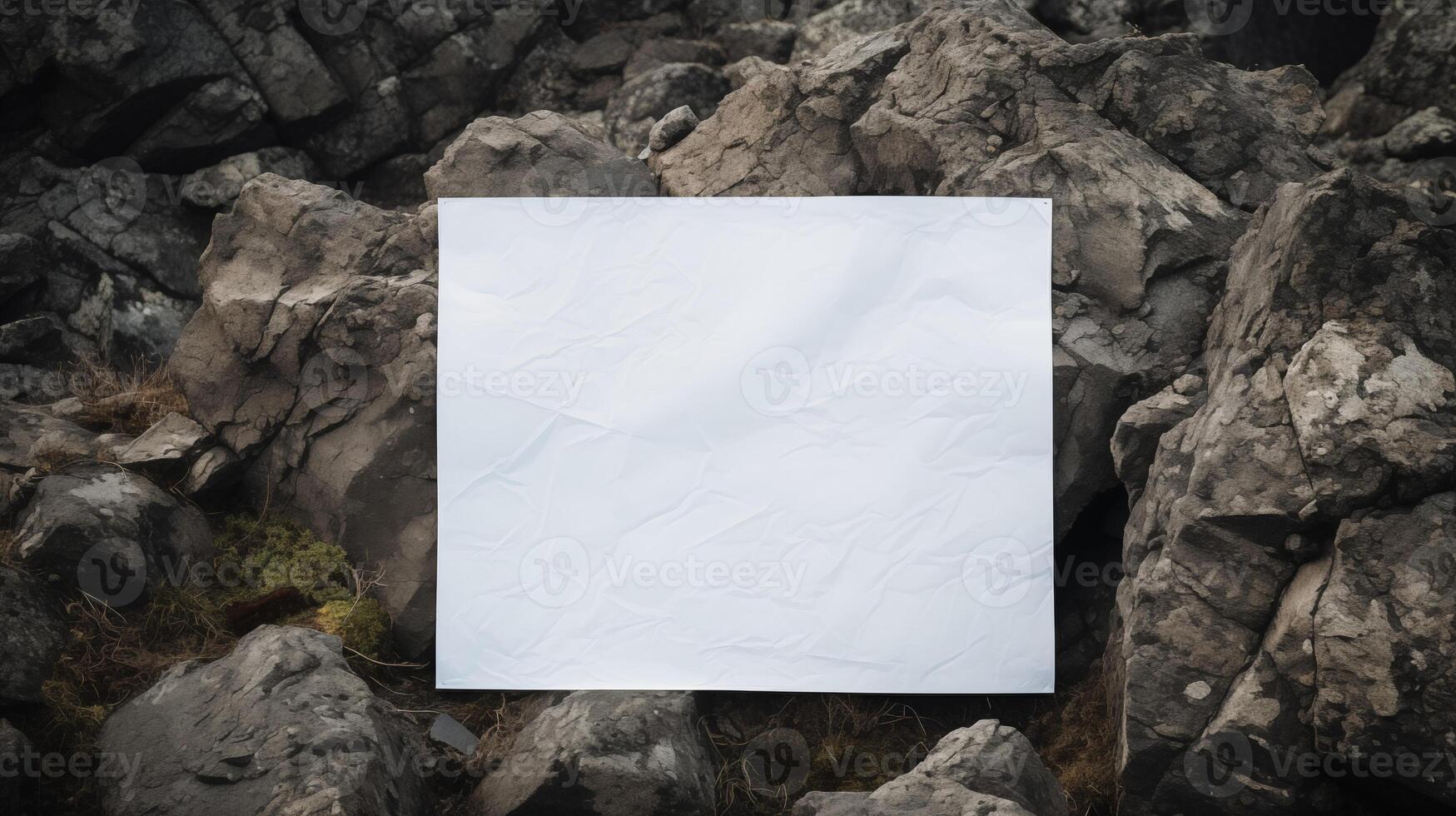 Blank white card among rough gray stones and moss in rocky wilderness. Earthy tones paper template advertising image. Rugged and natural environment mock up product photorealistic photo