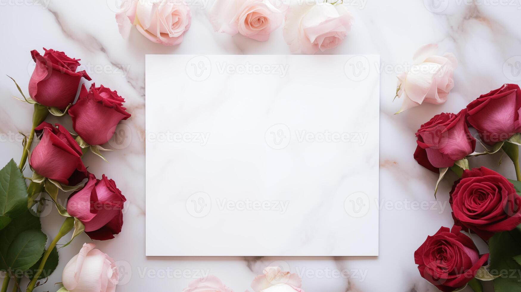 Red and pastel pink roses beautifully arranged around blank card mockup. White marble surface. Valentines day template advertising image. Love notes mock up product photorealistic photo
