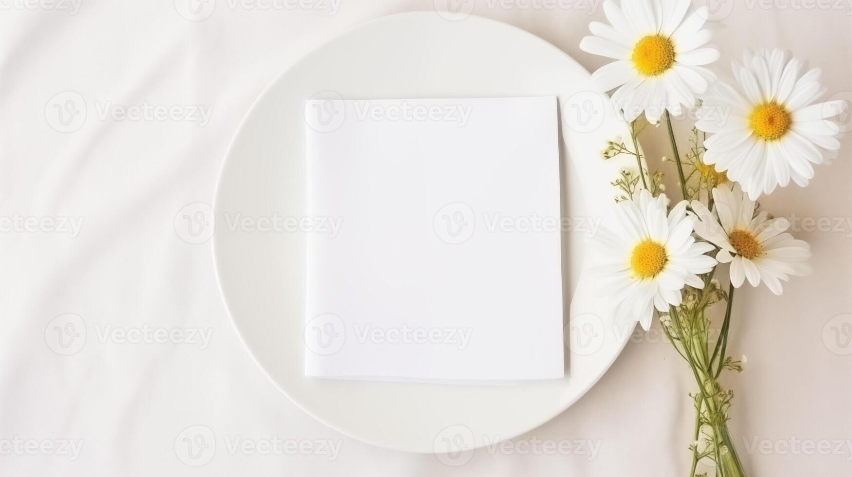 Blank card on white plate accompanied by daisies bunch on side. Camomiles flowers. Wedding invitation template advertising image. Spring chamomiles mock up product photorealistic photo
