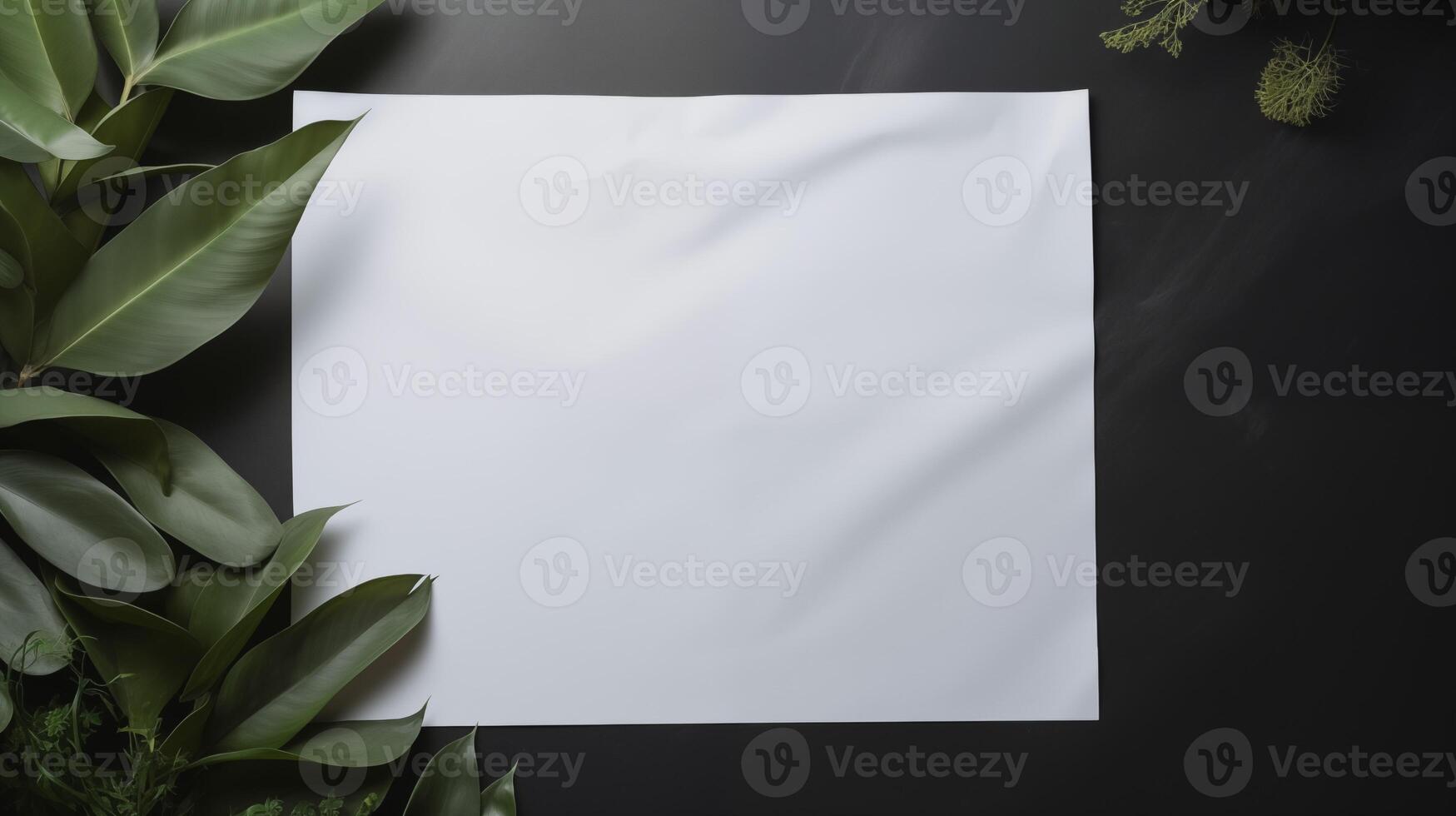 Blank paper mockup with large green foliage on black background. Tropical leaves fresh and natural template advertising image. Greenery theme. Eco-design mock up product photorealistic photo
