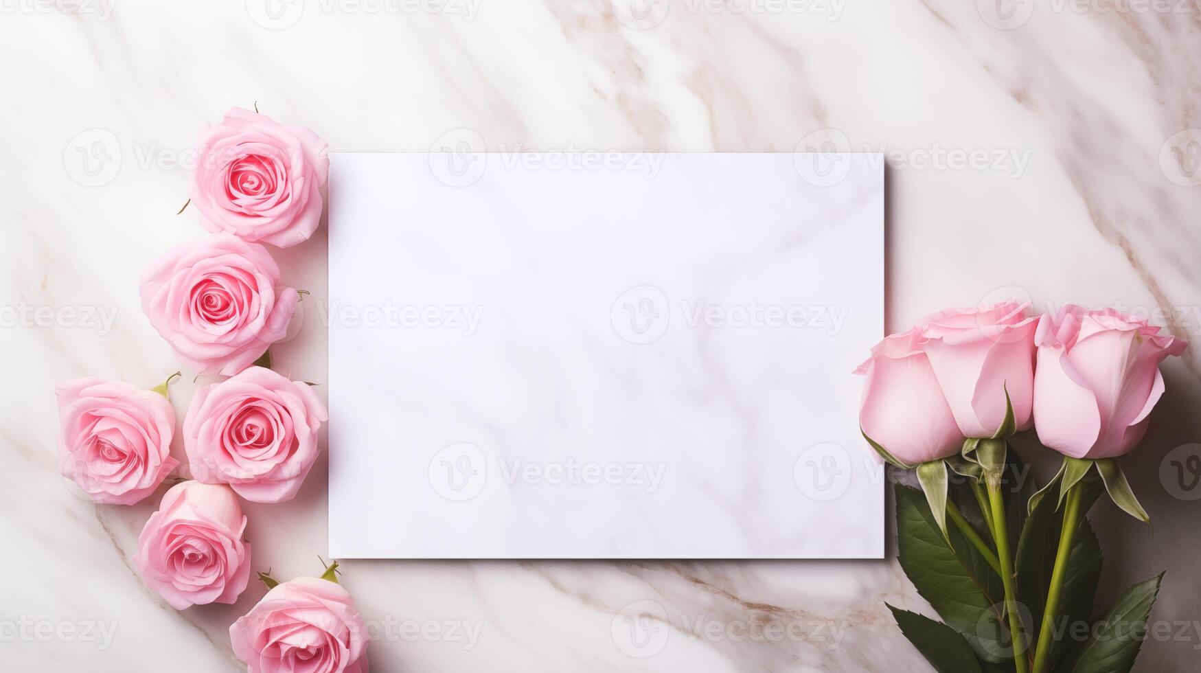 Elegant pink roses and blank card mockup rest on white marble surface. Special invitations, love note template advertising image. Romantic announcement mock up product photorealistic photo