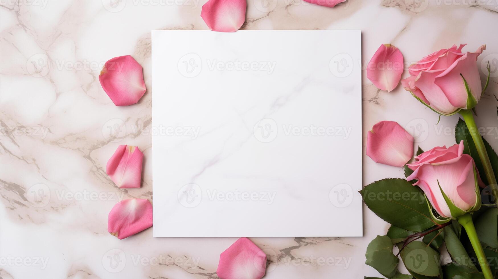 Soft pink roses and petals arranged around blank card on light marble surface. Romantic wedding-themed invitation template advertising image. Love note mock up product photorealistic photo