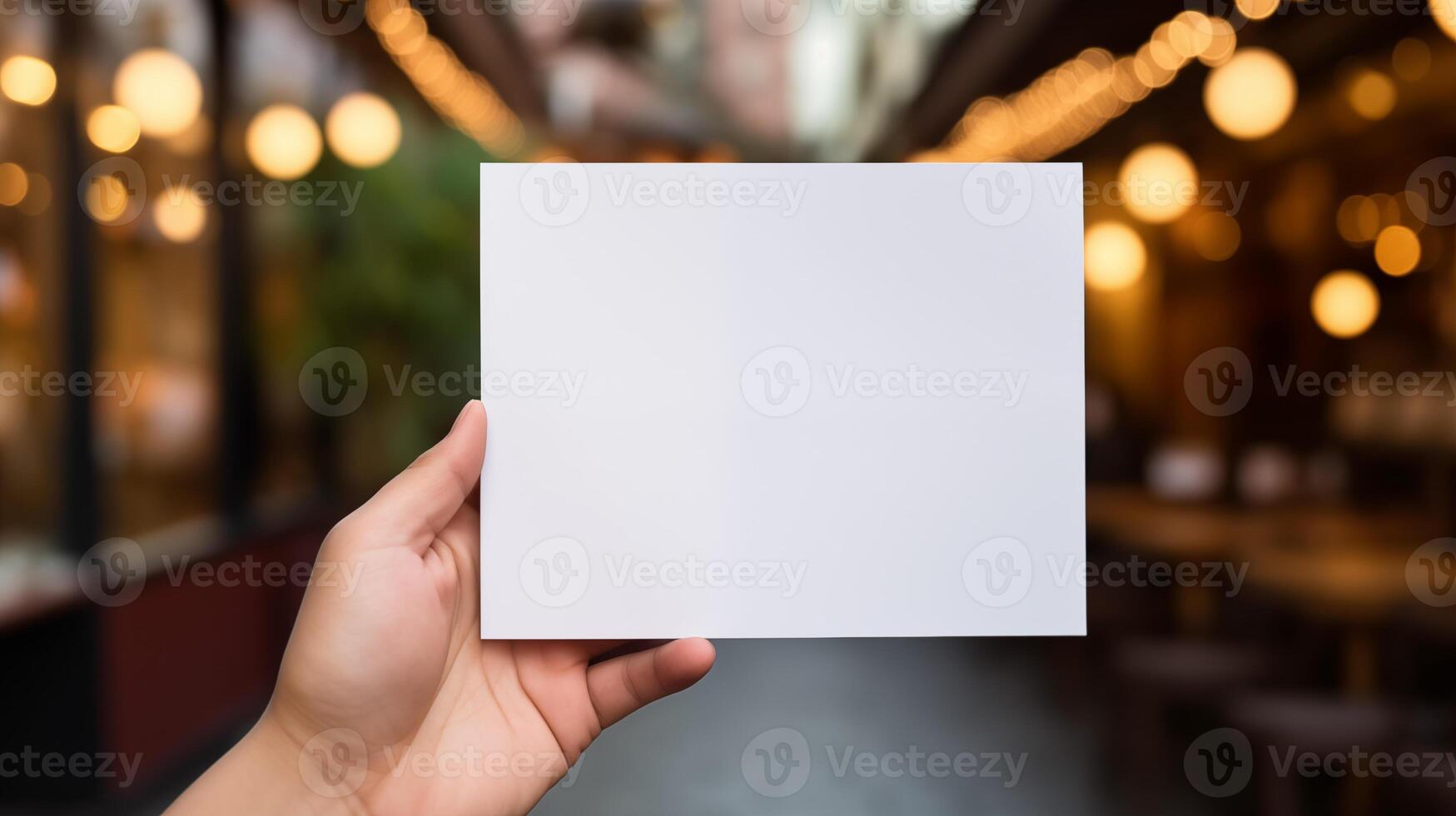 Hand holds blank card mockup against vibrant blurred background bokeh lights. Evening street. Message template advertising image. Urban ambiance mock up product photorealistic photo