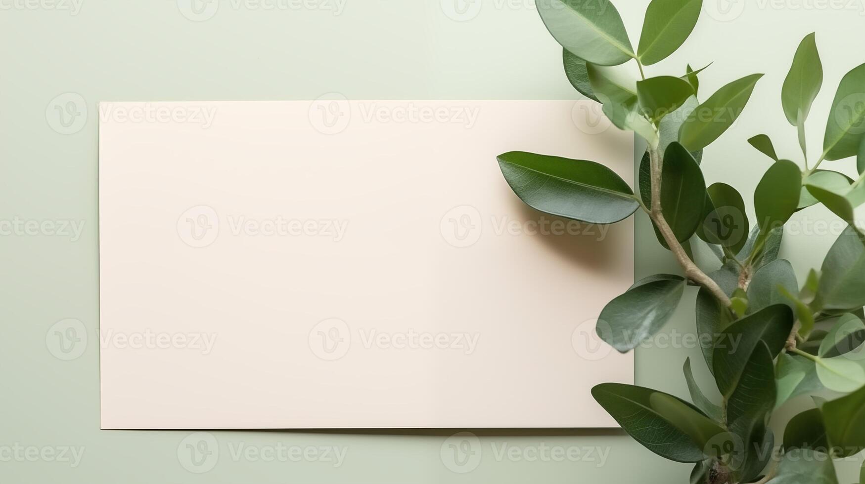 Blank horizontal card mockup with green leaves on pastel background. Elegantly arranged paper template advertising image. Simple natural layout refreshing mock up product photorealistic photo