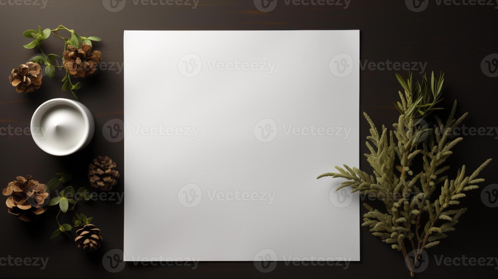 Blank card mockup with pine cones candle greenery on dark wooden surface. Earthy and cozy minimalist style template advertising image. Organic styling mock up product photorealistic photo