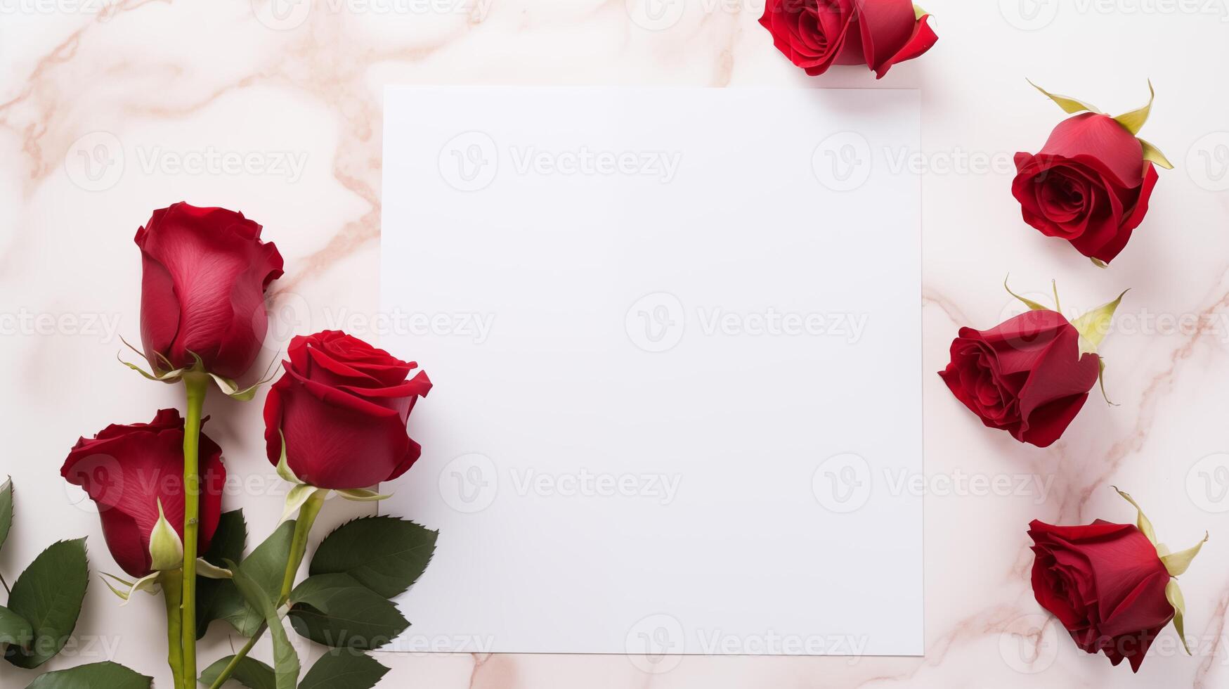 Beautiful red roses placed around blank card mockup on marble surface. Romantic setting, love letter template advertising image. Valentines day invitation mock up product photorealistic photo