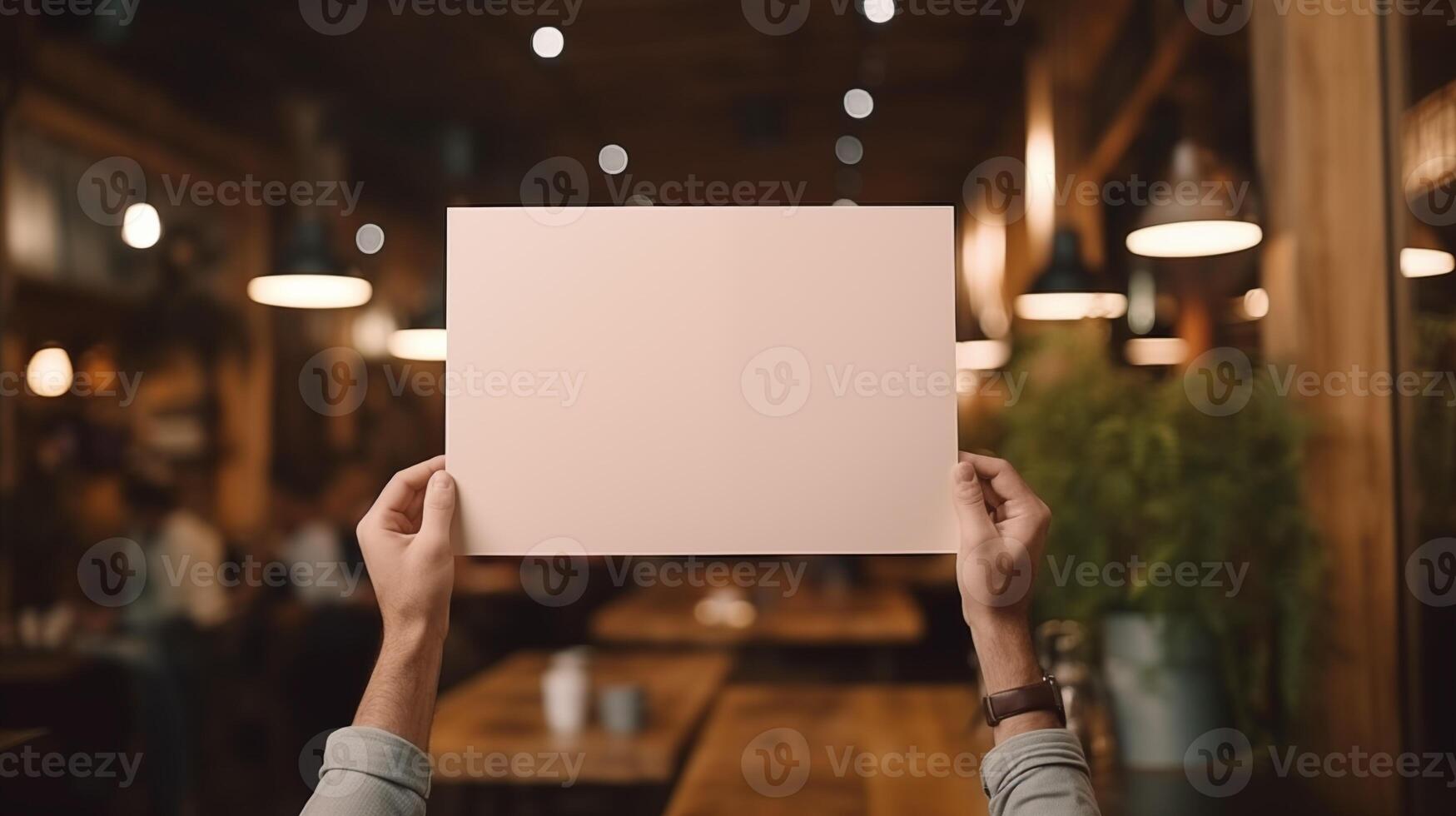 Two hands holding blank white card mockup in cafe with hanging lights. Cozy warm atmosphere. Blurred pub bar invitation template advertising image. Menu mock up product photorealistic photo