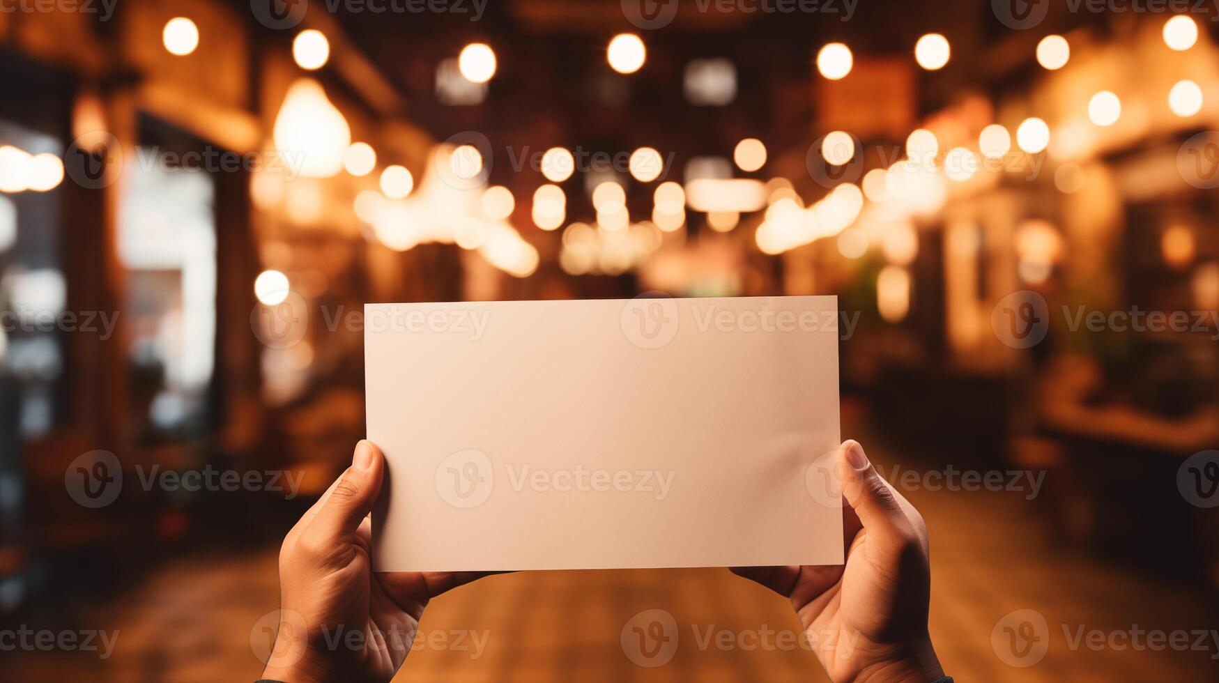 Two hands hold blank card mockup against blurred bokeh lights. Evening atmosphere. Business card template advertising image. Festive mood. Invitation mock up product photorealistic photo