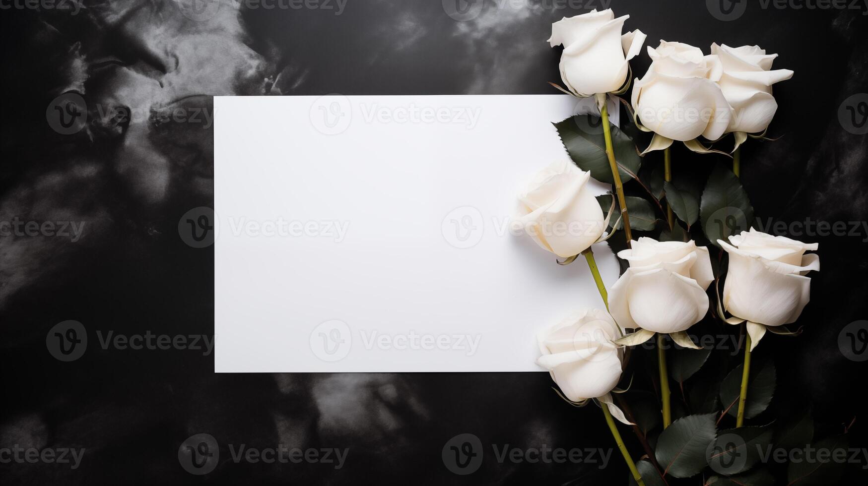 Ivory roses and blank card mockup on dramatic black background. Sophisticated formal event template advertising image. Classic announcement. Luxury invitation mock up photorealistic photo