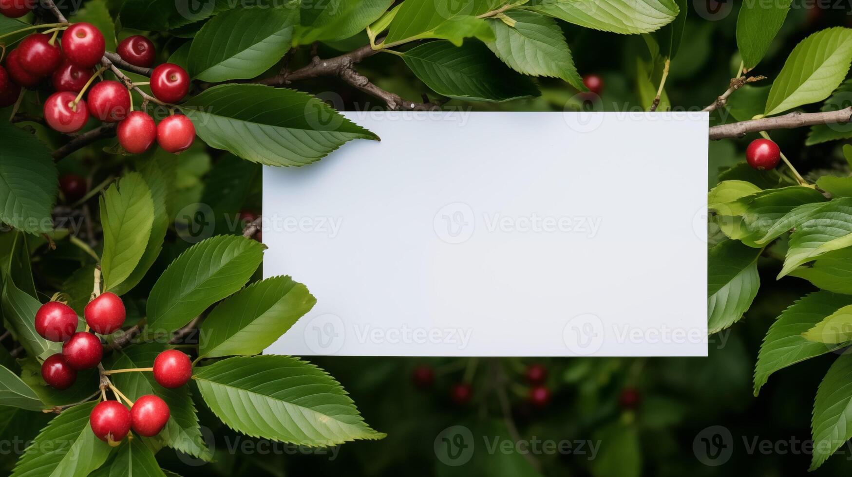 Blank white card among cherry tree branches with red cherries green leaves. Seasonal message template advertising image. Fresh foliage ripe berries mock up product photorealistic photo
