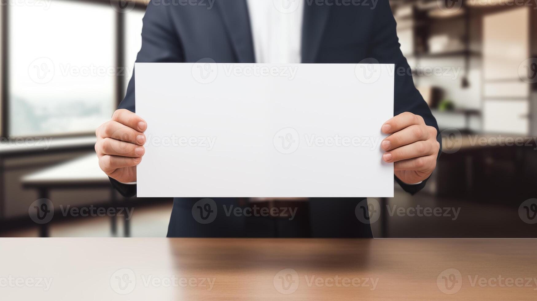 Suited man holds blank white sheet of paper above wooden desk in modern office. Empty document template advertising image. Workspace interior. Formal mock up product photorealistic photo