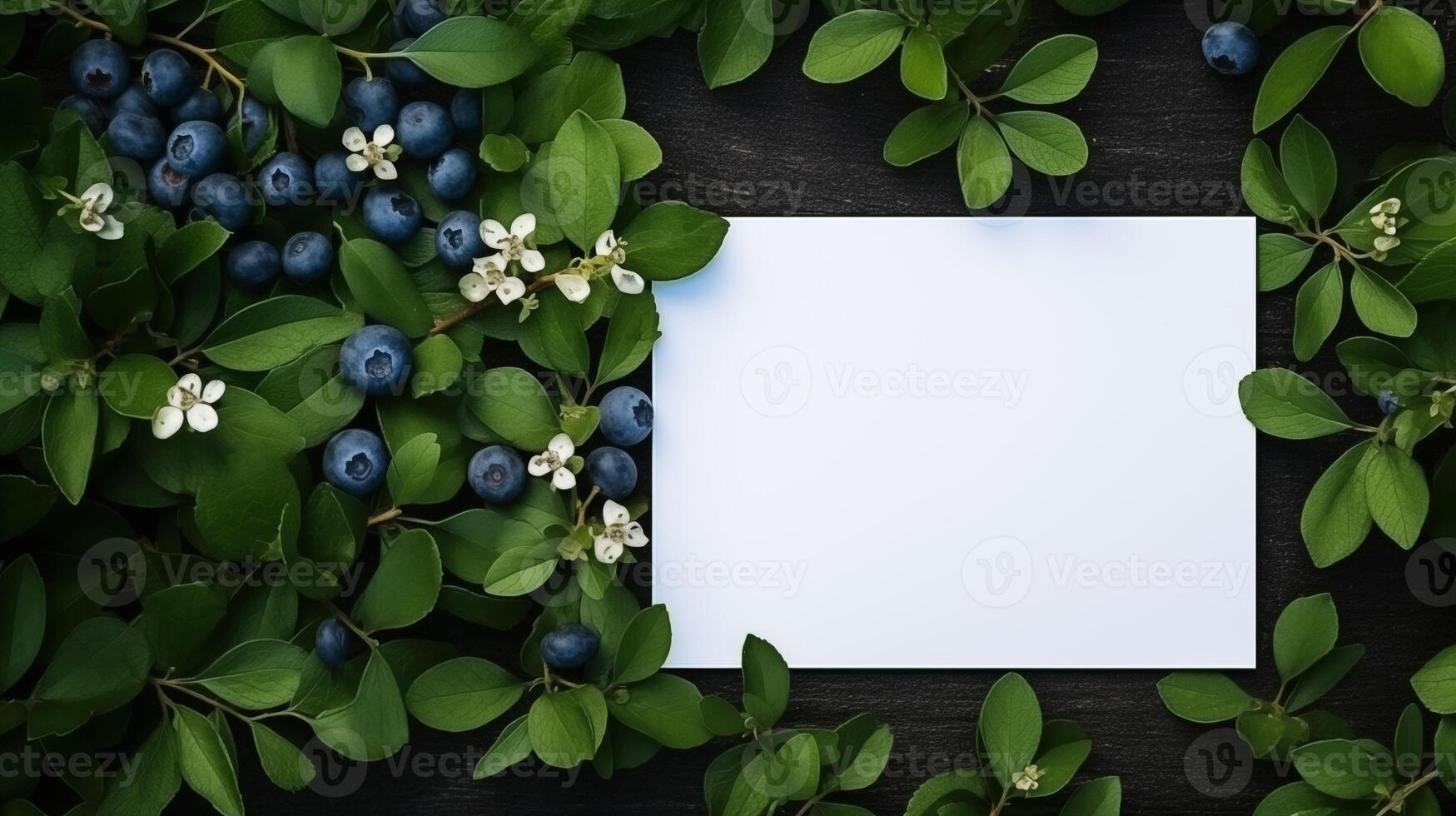 Blank white card mockup bordered by fresh blueberries and vibrant green leaves. Accented with small white flowers bilberries template advertising image. Organic mock up photorealistic photo
