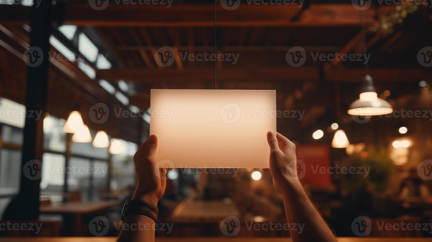Hands holding blank card mockup in industrial cafe setting. Hanging lights wooden beams. Pub bar promotional material template advertising image. Menu design mock up photorealistic photo