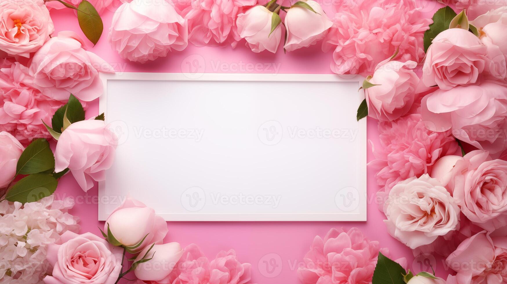 Vivid pink background filled with lush pink roses peonies frames blank card. Romantic announcement template advertising image. Celebration card. Love note mock up product photorealistic photo