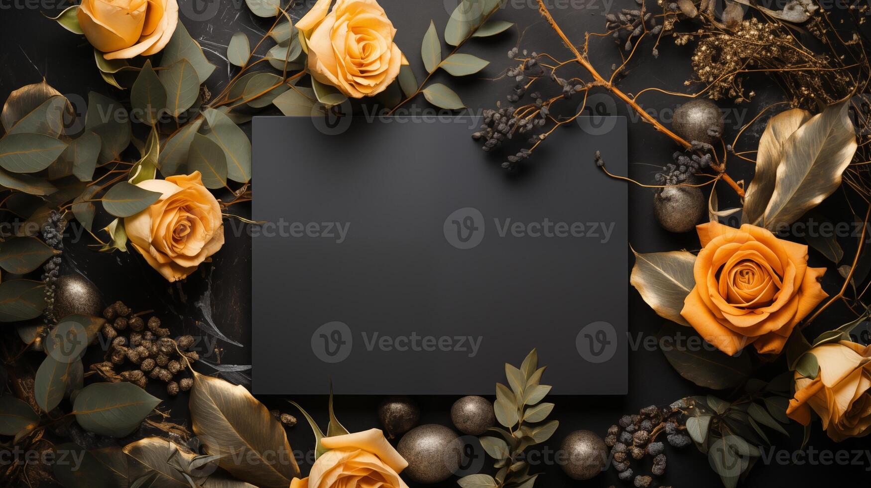 Vibrant golden roses and lush greenery surround blank black card mockup. Dramatic and luxurious paper template advertising image. Upscale event invitation mock up product photorealistic photo