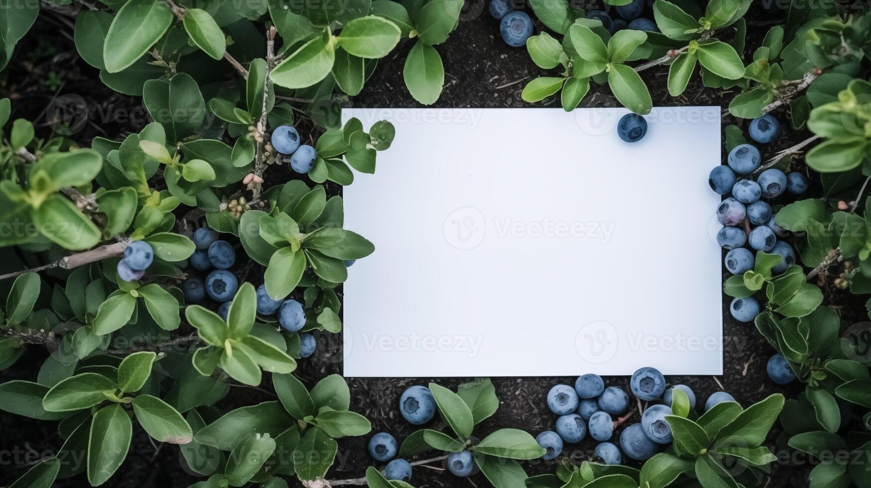 White card mockup with blueberries and foliage in natural setting. Farm-to-table concept bilberries template advertising image. Organic-themed invitation mock up product photorealistic photo