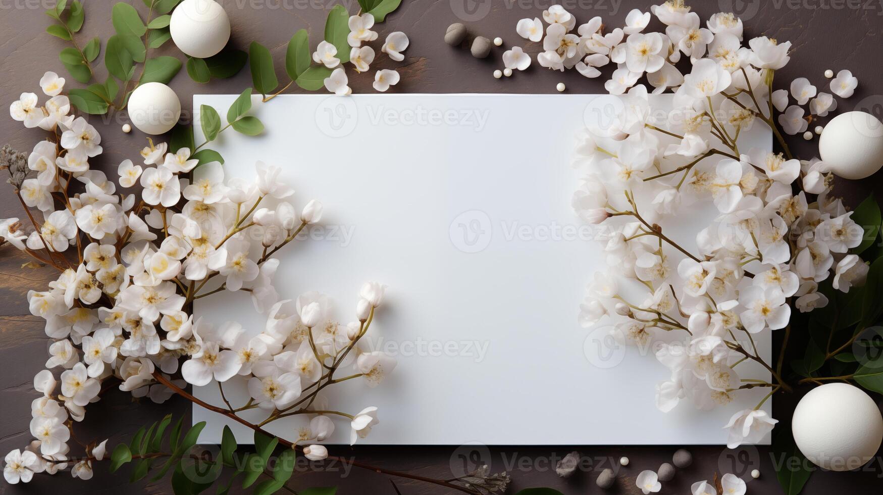 Blank card mockup with white blossoms and greenery on wooden surface. Wedding invitation template advertising image. Elegant flowers announcement mock up product photorealistic photo