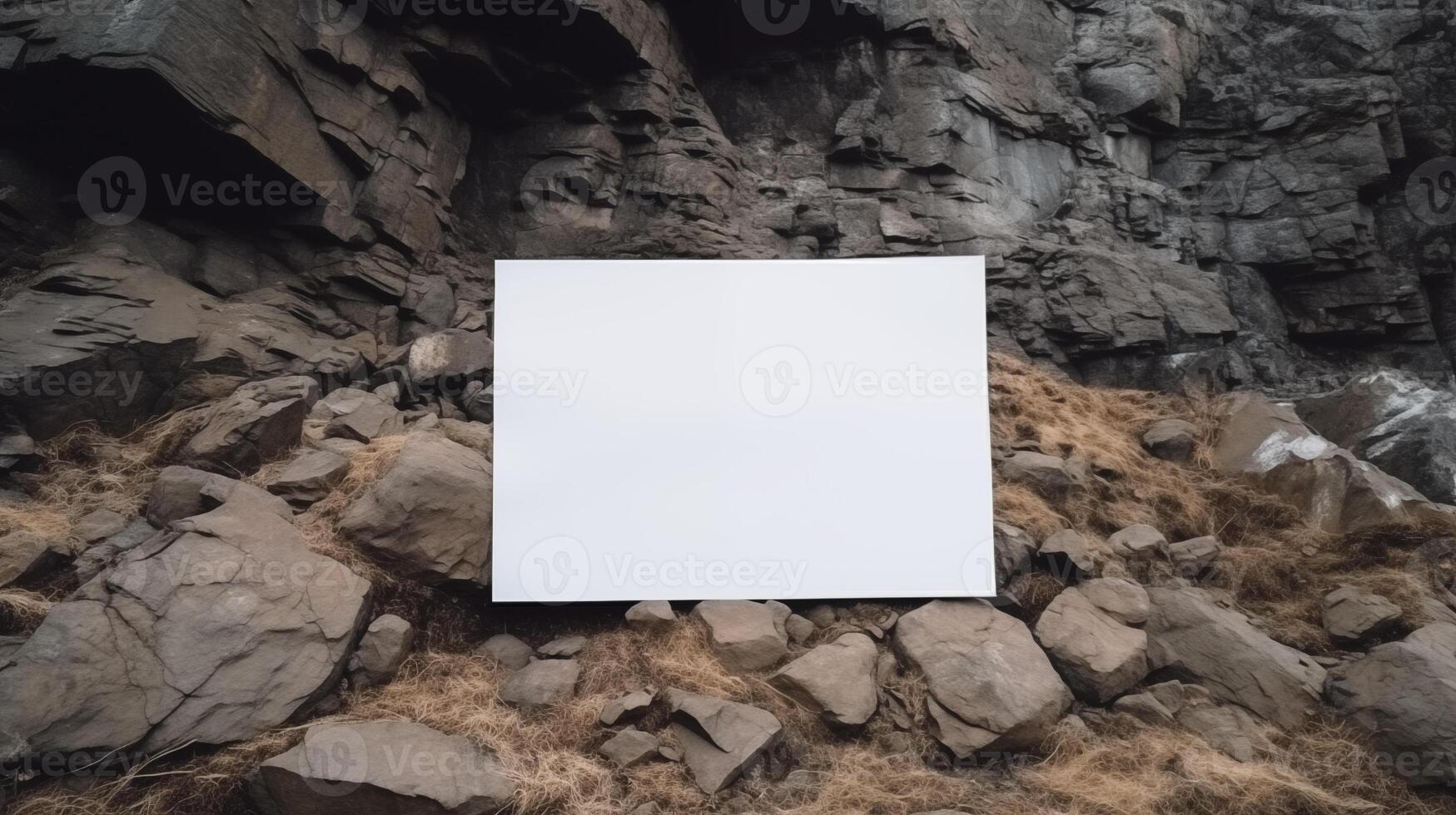 Blank white card mockup among large mountain rocks in rugged outdoor landscape. Rocky wilderness paper template advertising image. Nature scenery mock up product photorealistic photo