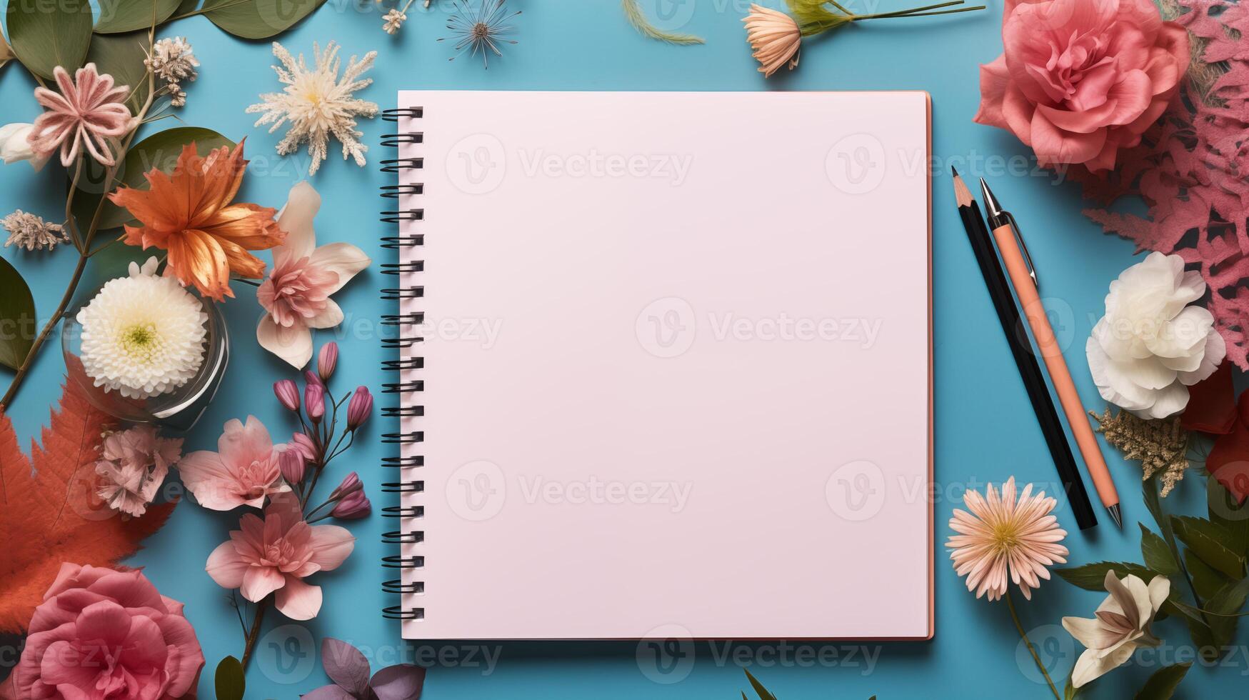 Vibrant flowers flatlay with spiral notebook blank page, pencils on bright surface. Floral stationery design template advertising image. Creative project mock up product photorealistic photo