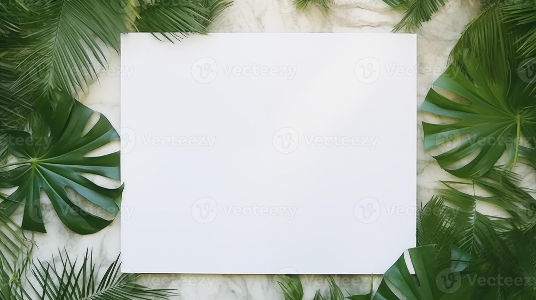 Blank white canvas mockup framed by large tropical leaves marble. Bold green plants template advertising image. Clean composition. Botanical aesthetics mock up product photorealistic photo