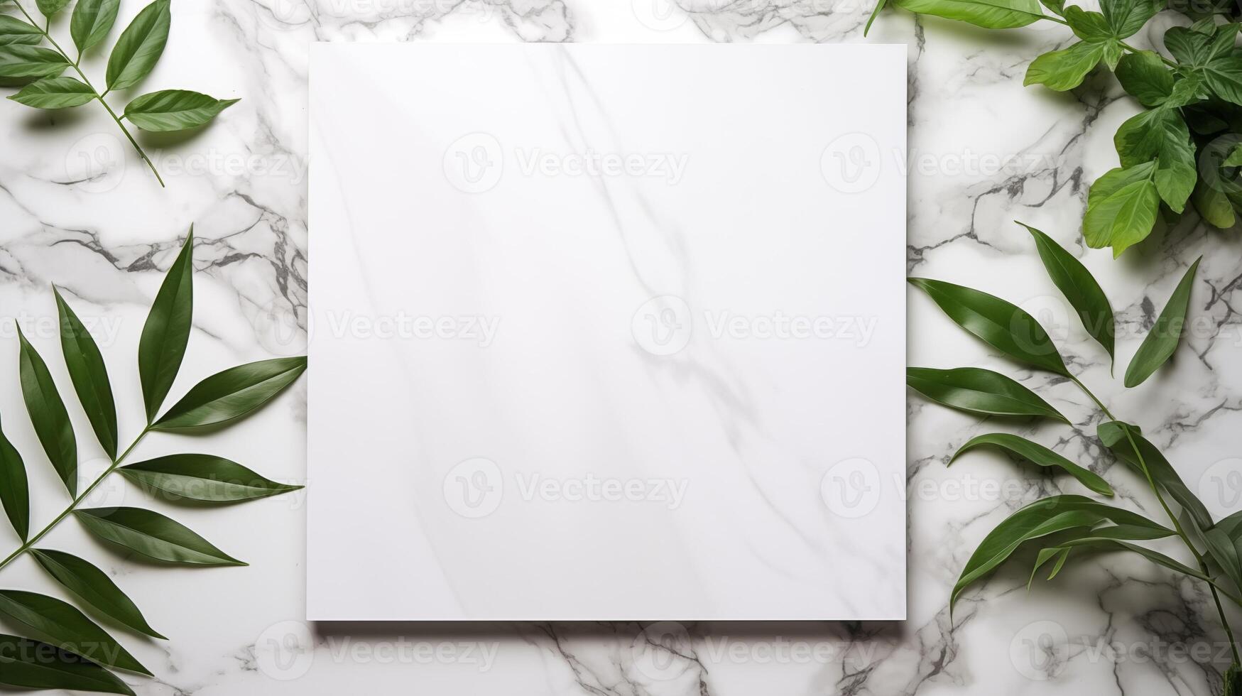 Blank white canvas mockup with green leaves on marble background. Simple elegant design template advertising image. Natural elements and clean lines mock up product photorealistic photo