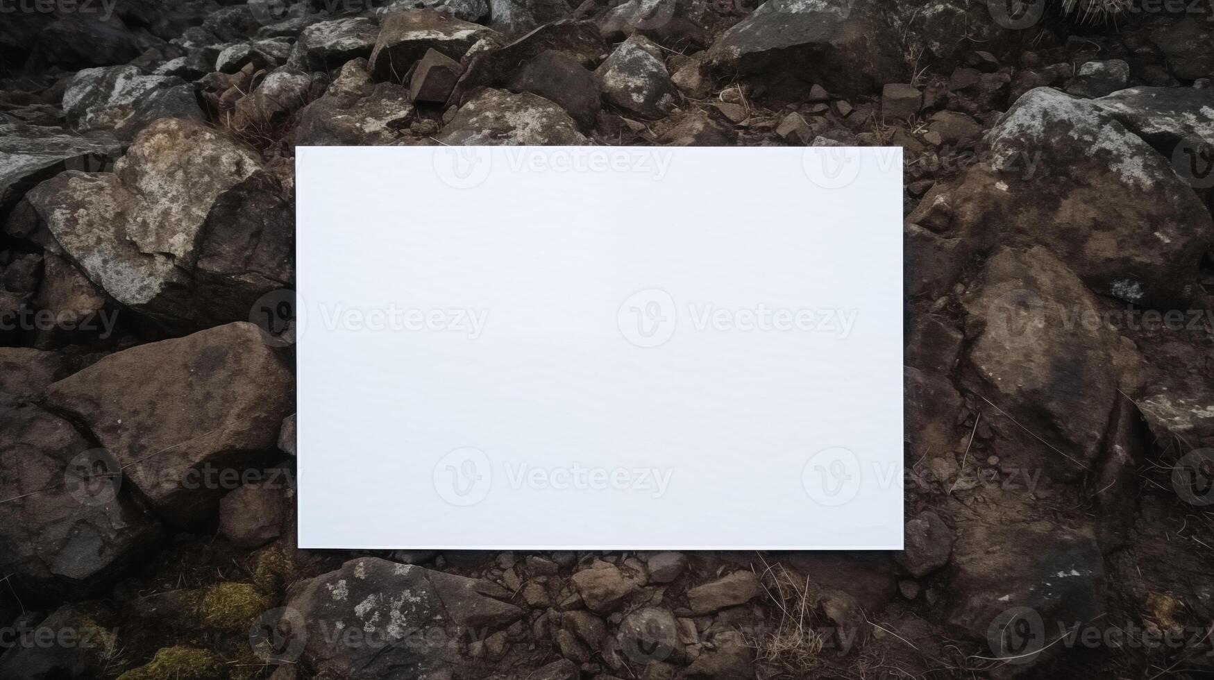 Blank white card mockup on rugged earthy-colored rocks. Wilderness setting. Empty paper template advertising image. Jagged surface and natural tones mock up product photorealistic photo