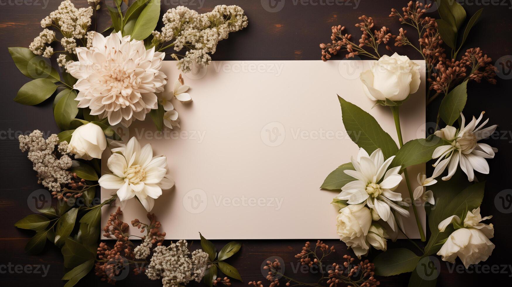 Elegant white floral flatlay with blank card mockup on dark wood. Soft flowers dahlias roses wedding invitation template advertising image. Nature-inspired mock up product photorealistic photo
