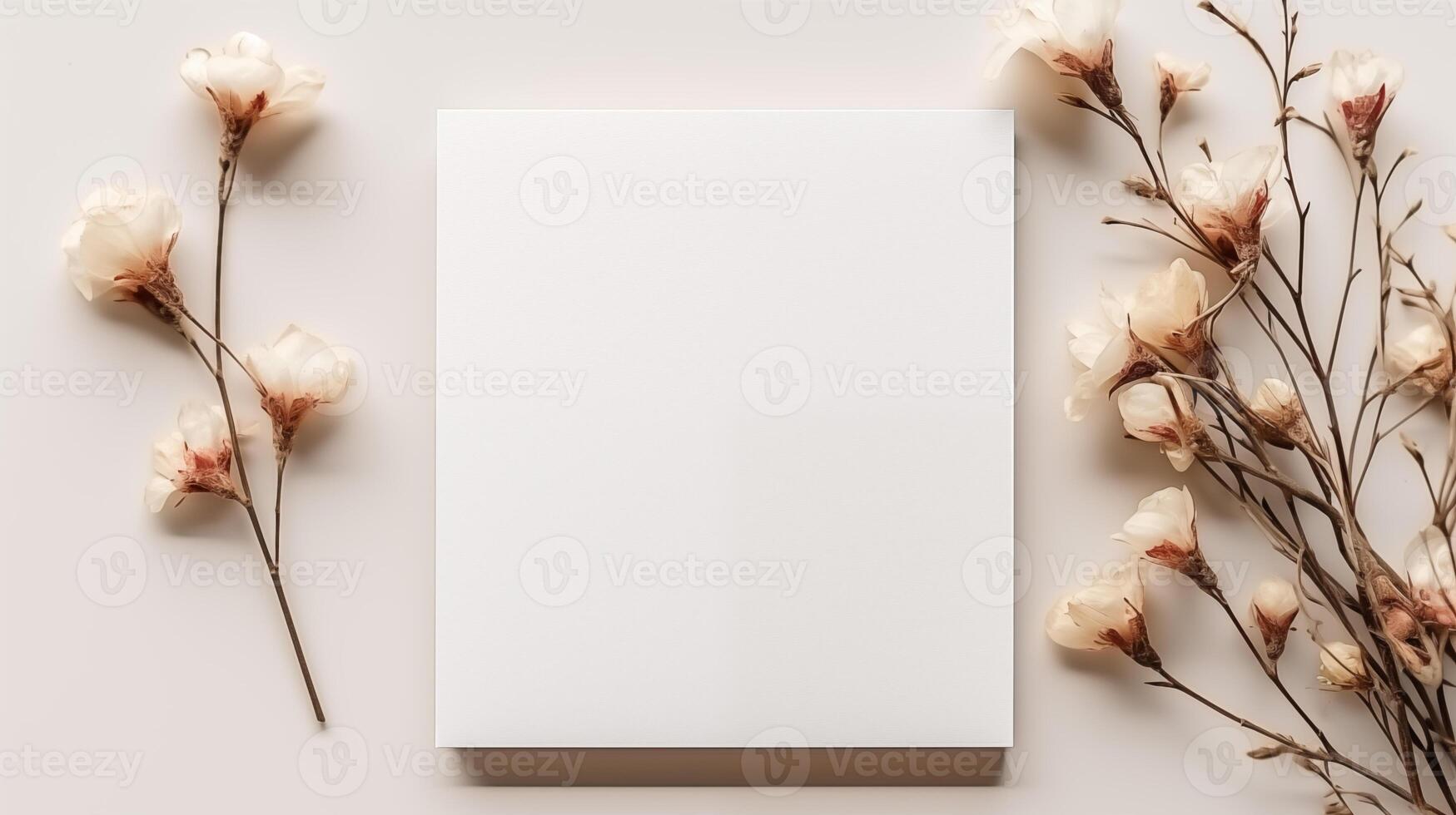Blank card surrounded by delicate soft blush flowers on creamy white. Pastel floral wedding invitation template advertising image. Minimalist design mock up product photorealistic photo
