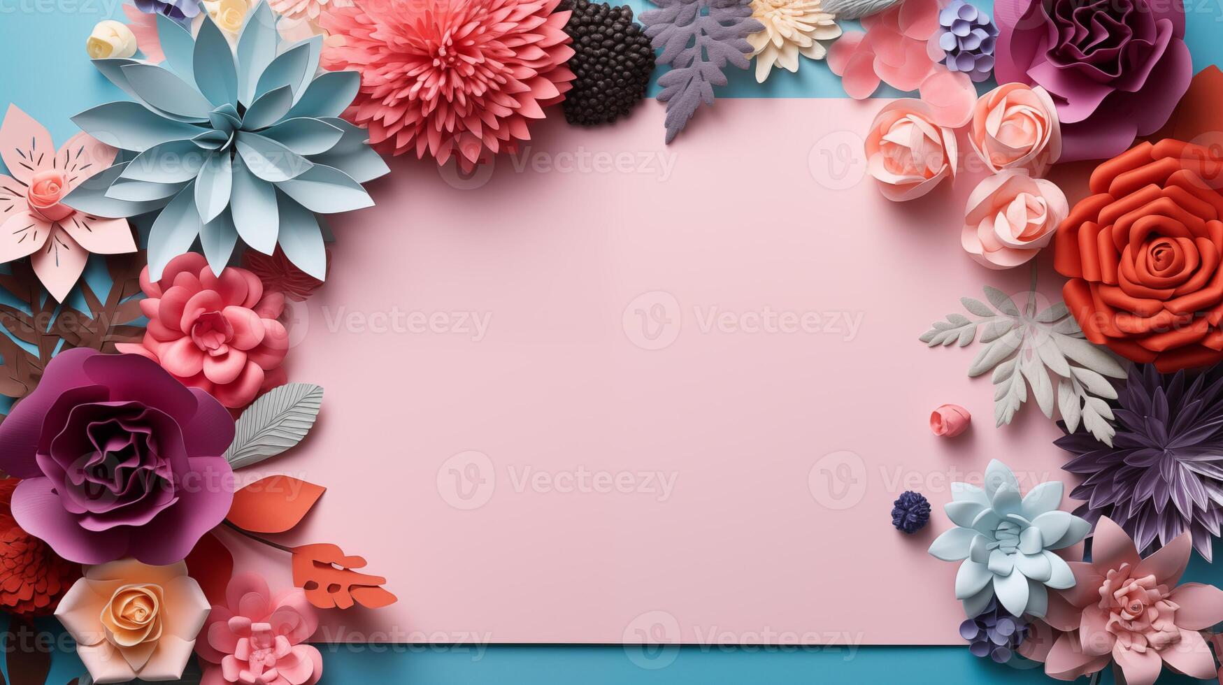 Vibrant paper flowers flatlay with blank pink space mockup. DIY craft. Floral invitation template advertising image. Creative decorative design mock up product photorealistic photo