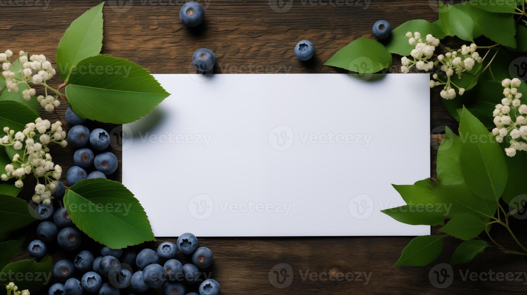 Blank white card on rustic wooden surface blueberries green leaves. Natural elegant design template advertising image. Botanical ripe bilberries mock up product photorealistic photo