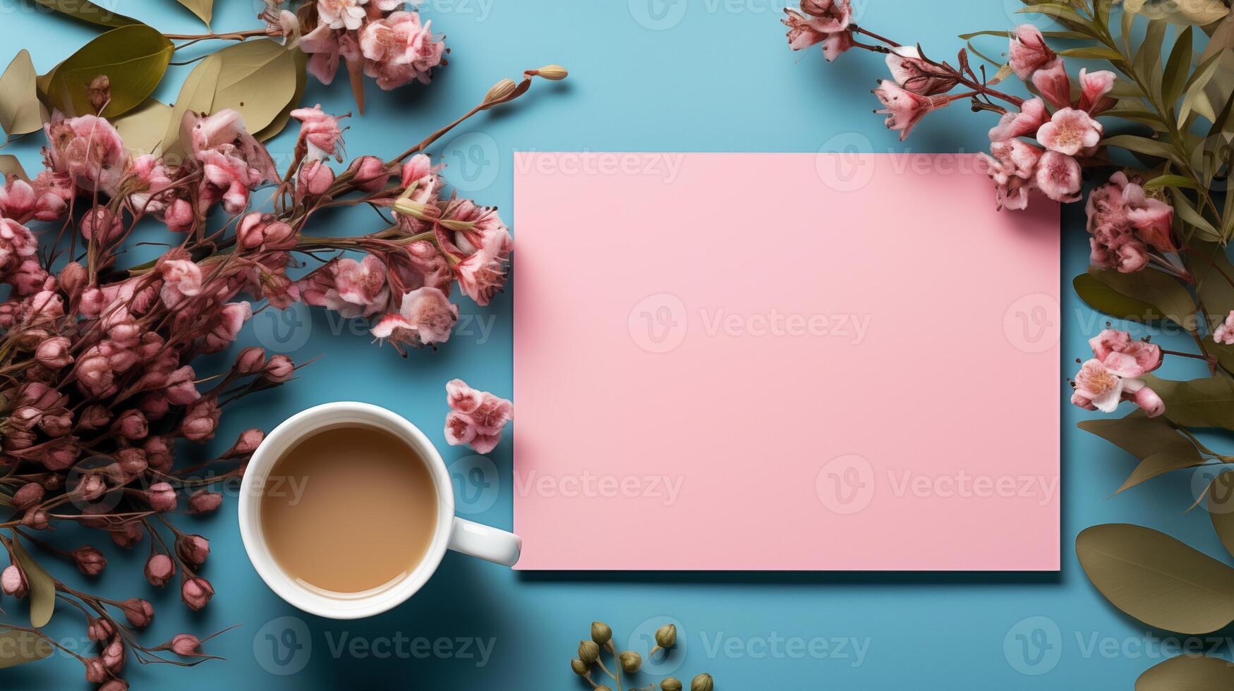 Minimalist flatlay with cup of tea, branch flowers, blank pink card mockup. Spring-themed design template advertising image. Blossoms stationery mock up product photorealistic photo