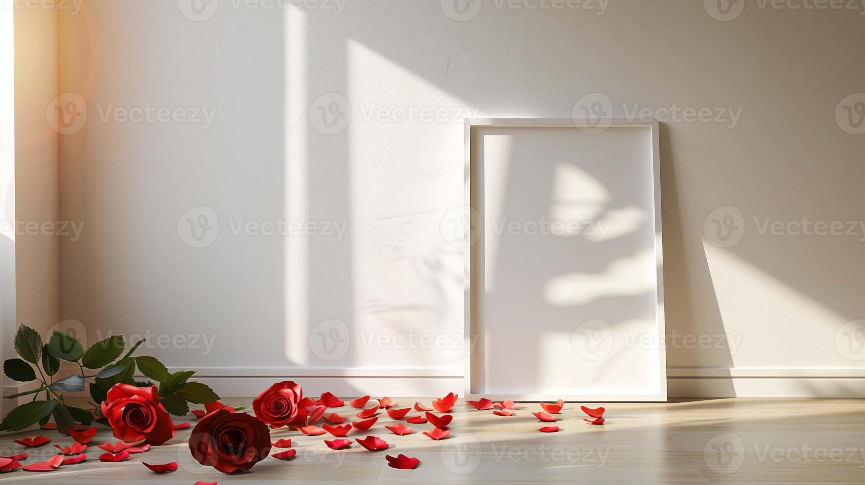 Fresh red roses and picture mockup in empty room. Celebrating relationship anniversary with flowers and photo template advertising image. Drawing mock up product photorealistic