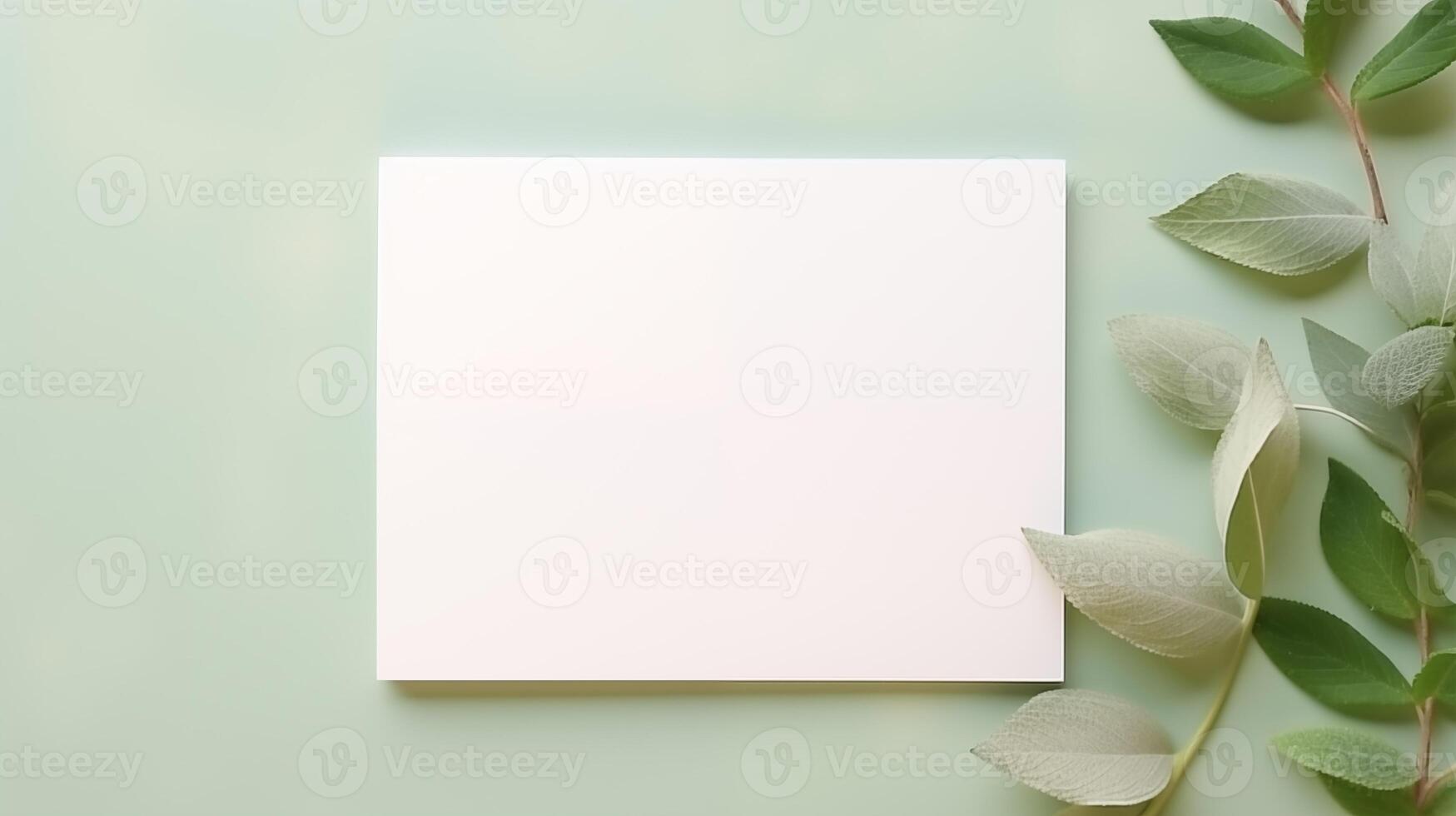 Blank white card mockup with soft green leaves on mint background. Elegantly arranged paper template advertising image. Serene nature-inspired design mock up product photorealistic photo