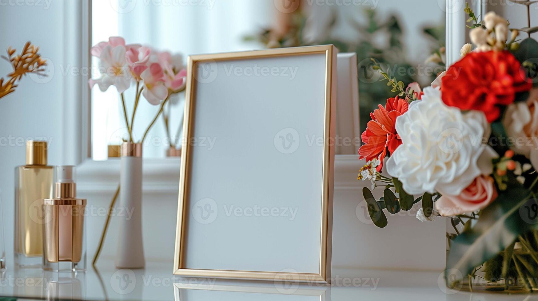 Picture with golden frame with perfumes and flowers mockup. Photography template near vanity mirror advertising image. Banner mock up on dressing table product photorealistic photo