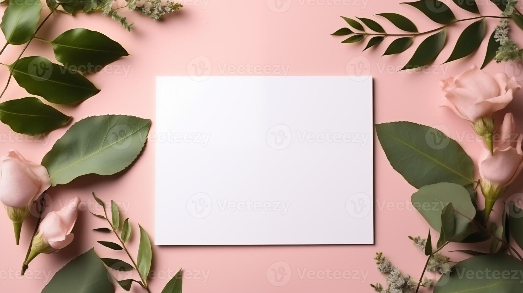 Blank card mockup with pastel roses and green leaves on pink backdrop. Elegant floral paper template advertising image. Touch of romance and softness mock up product photorealistic photo