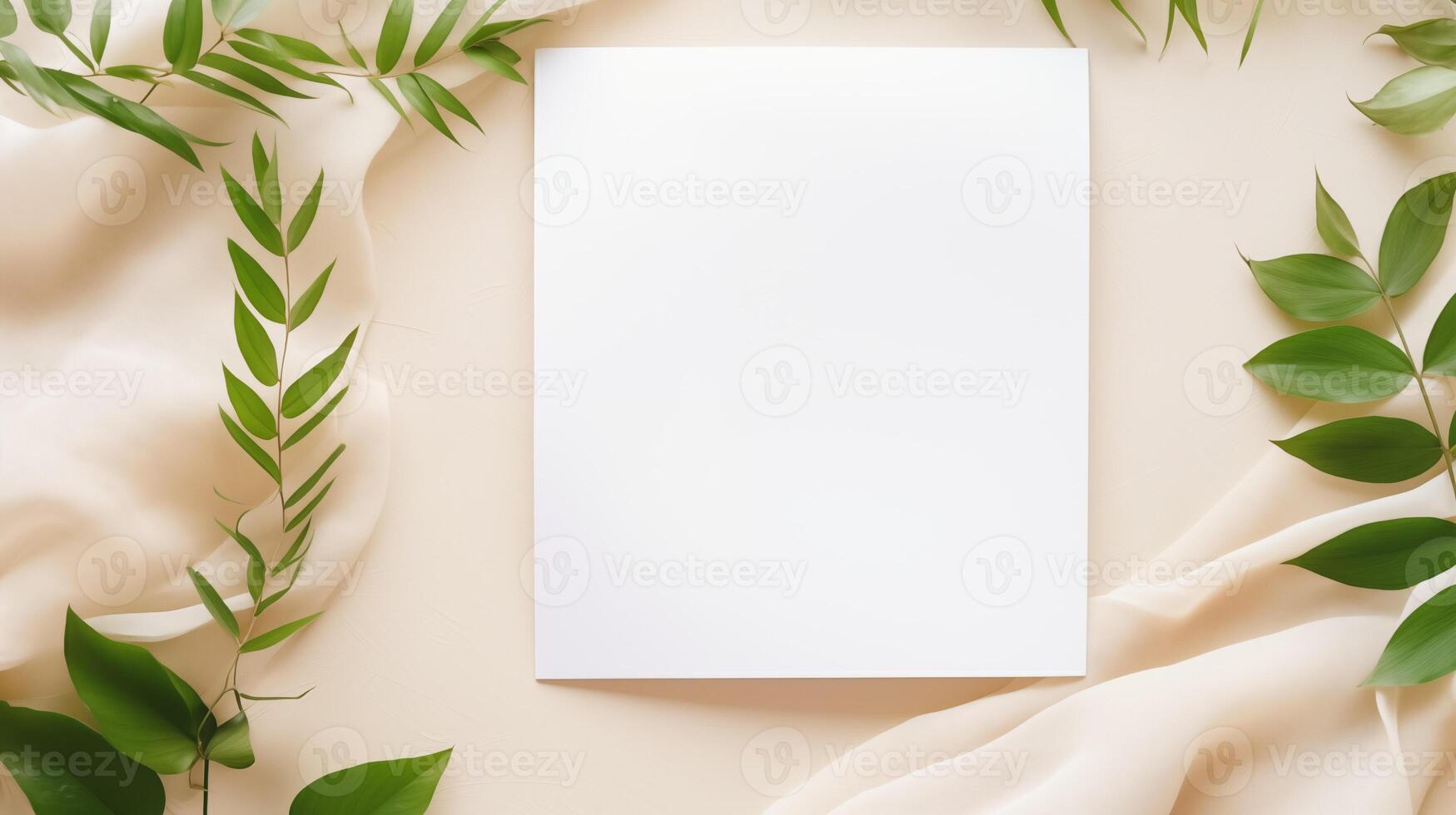Blank white paper sheet mockup rests on soft cream fabric framed by green leaves. Eco-friendly theme template advertising image. Clean minimalist design mock up product photorealistic photo