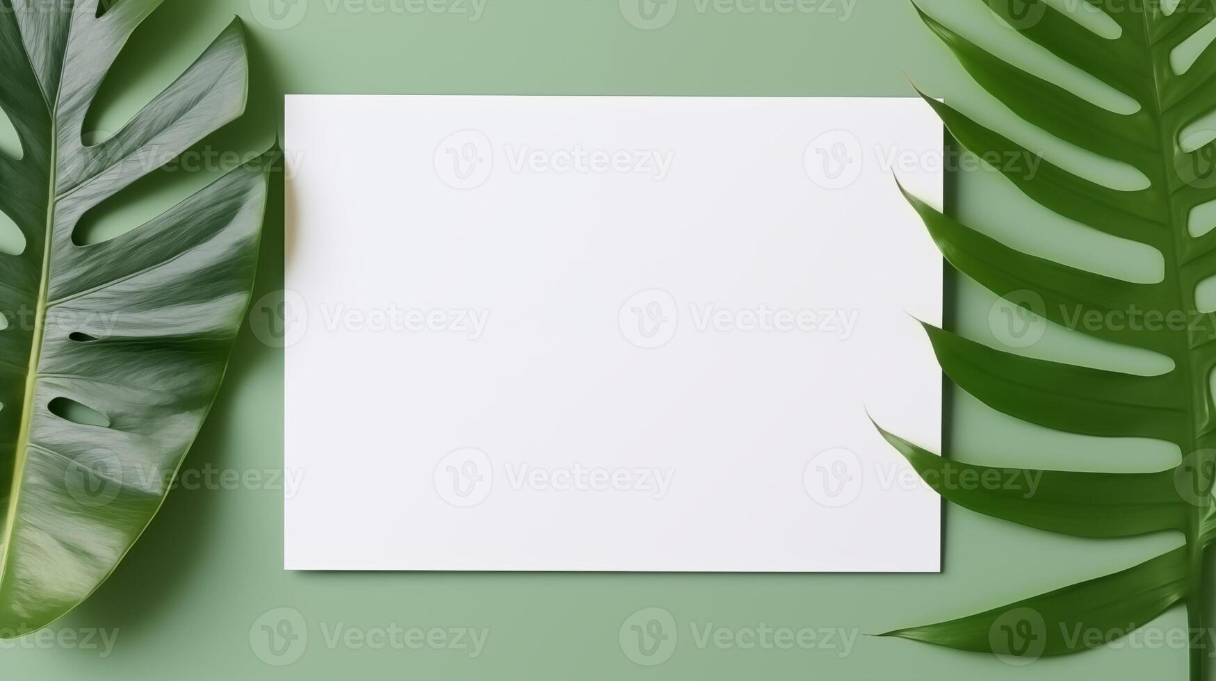 White card mockup framed by large tropical leaves on green background. Elegantly arranged paper template advertising image. Vibrant greenery minimalistic mock up product photorealistic photo