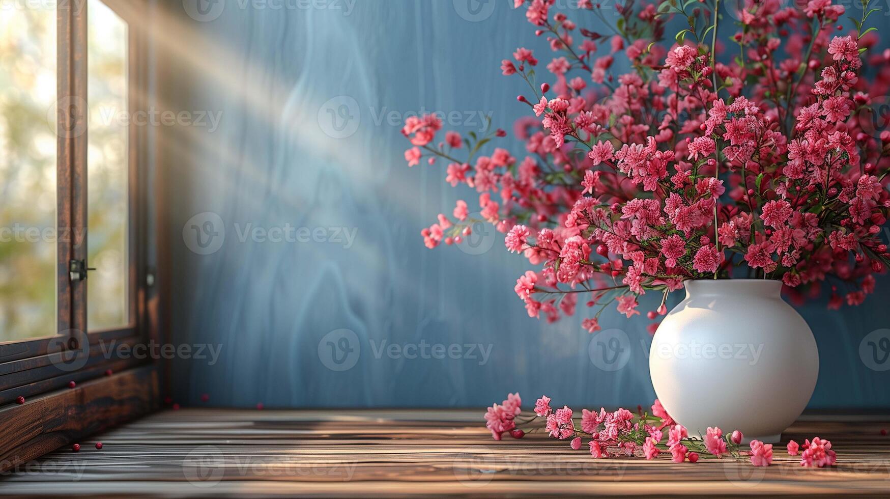 Pink flowers bouquet on wooden table banner background copy space. Spring season floral decor for home image backdrop empty. Blossom beauty concept composition front view, copyspace photo