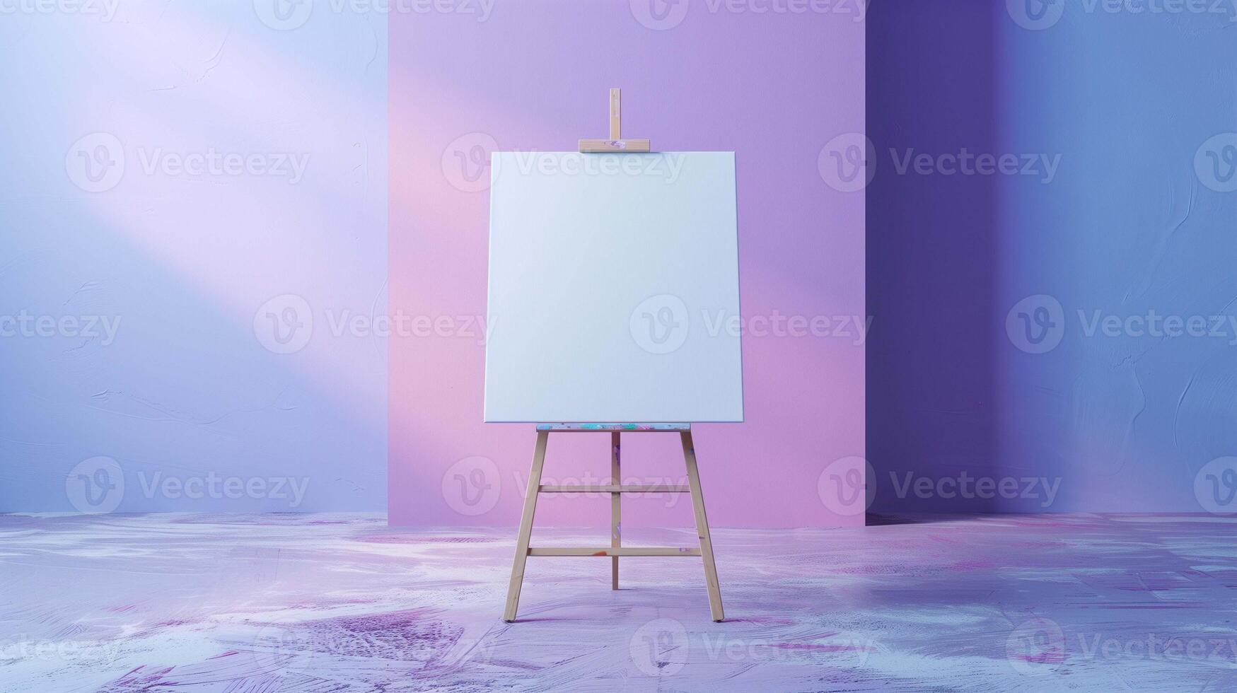 Painting mockup on wooden easel in empty studio. Artist workshop equipment with drawing template advertising image. Artwork mock up on stand in purple room product photorealistic photo