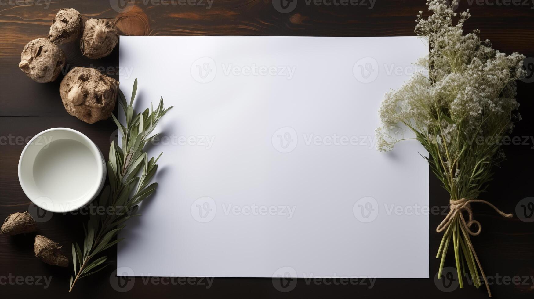 Blank card with dried roots eucalyptus white flowers on wooden surface. Empty mug, green sprigs floral bouquet template advertising image. Natural earthy aesthetic mock up photorealistic photo