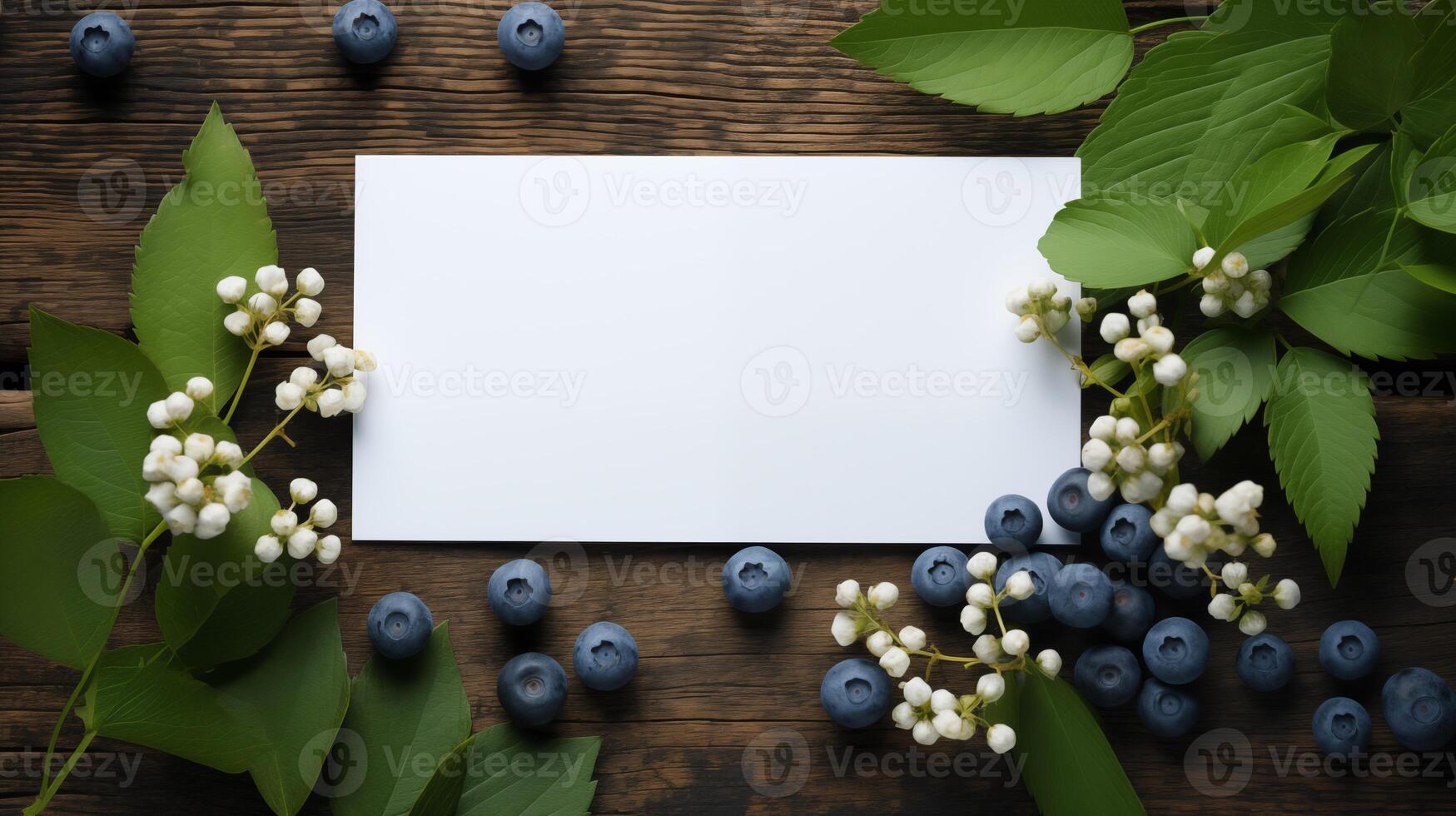 Rustic white card mockup with blueberries and white flowers leaves. Wooden surface bilberries fresh produce template advertising image. Botanical theme mock up product photorealistic photo