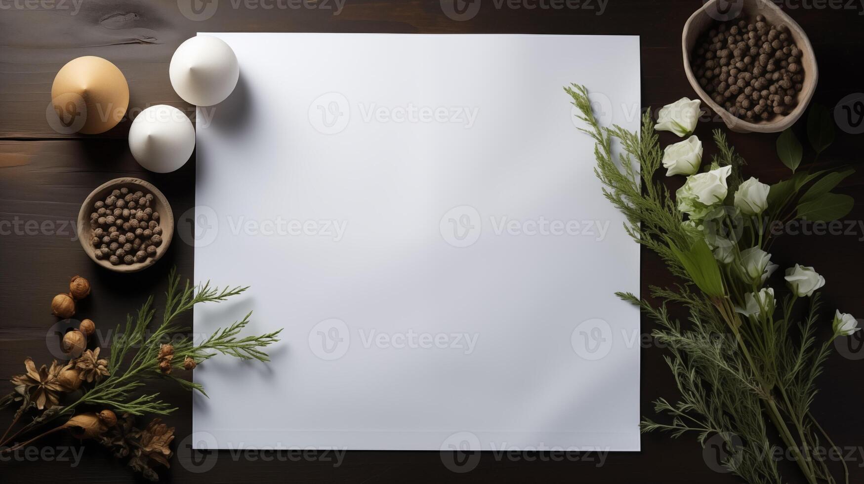 Blank white card on wooden surface surrounded by spices bowls, candles, green foliage. White roses botanical template advertising image. Natural rustic mock up product photorealistic photo
