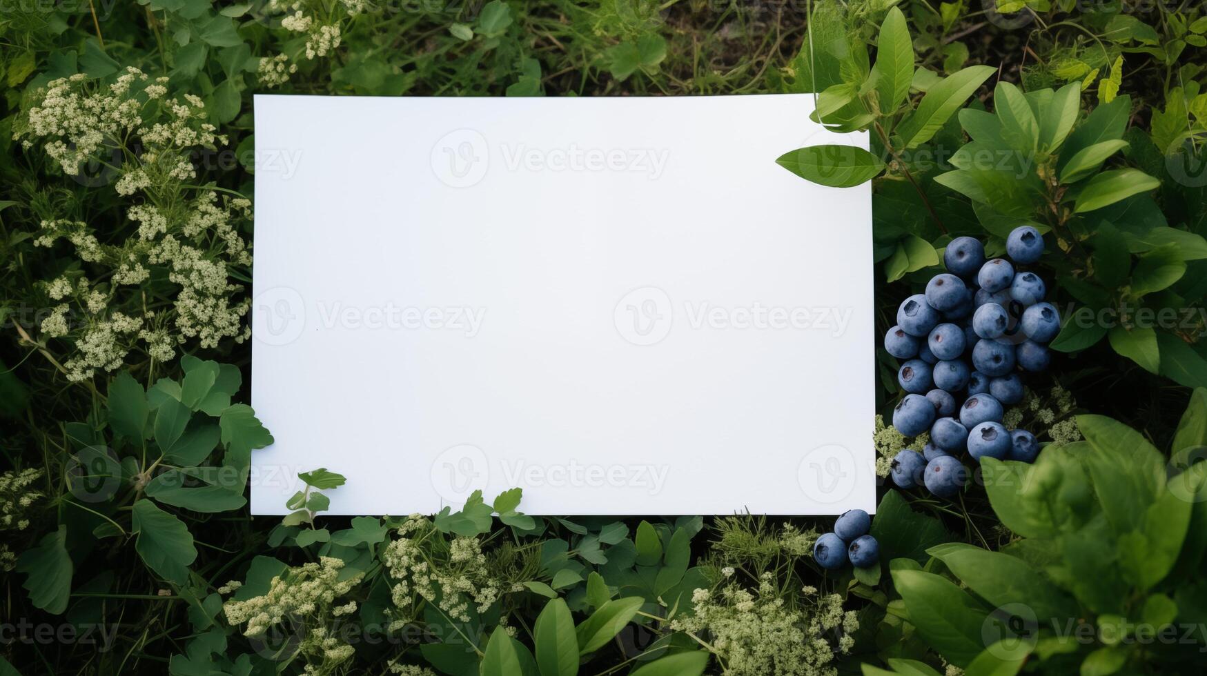 White card mockup lies amidst natural setting of green foliage blueberries. Bilberries organic design template advertising image. Eco-friendly wild plants mock up product photorealistic photo