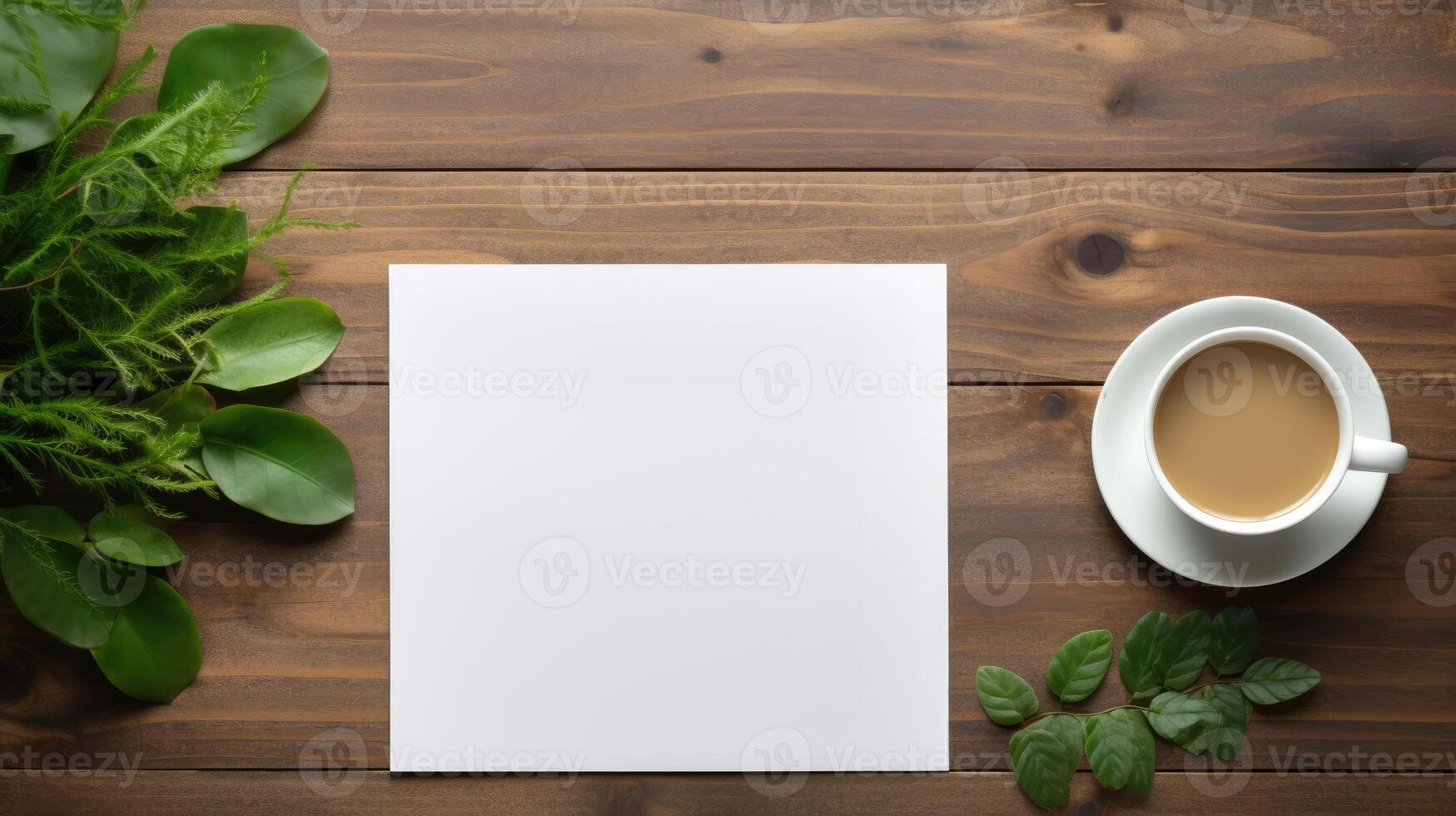 Coffee and greenery flatlay with blank card mockup on wooden surface. Espresso cup, lush green leaves template advertising image. Eco-friendly design mock up product photorealistic photo
