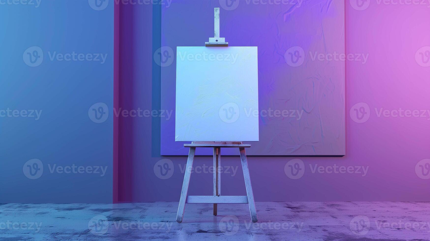 Painting mockup on easel in purple art studio. Creative drawing template on wooden tripod advertising image. Artist workplace equipment with picture mock up product photorealistic photo