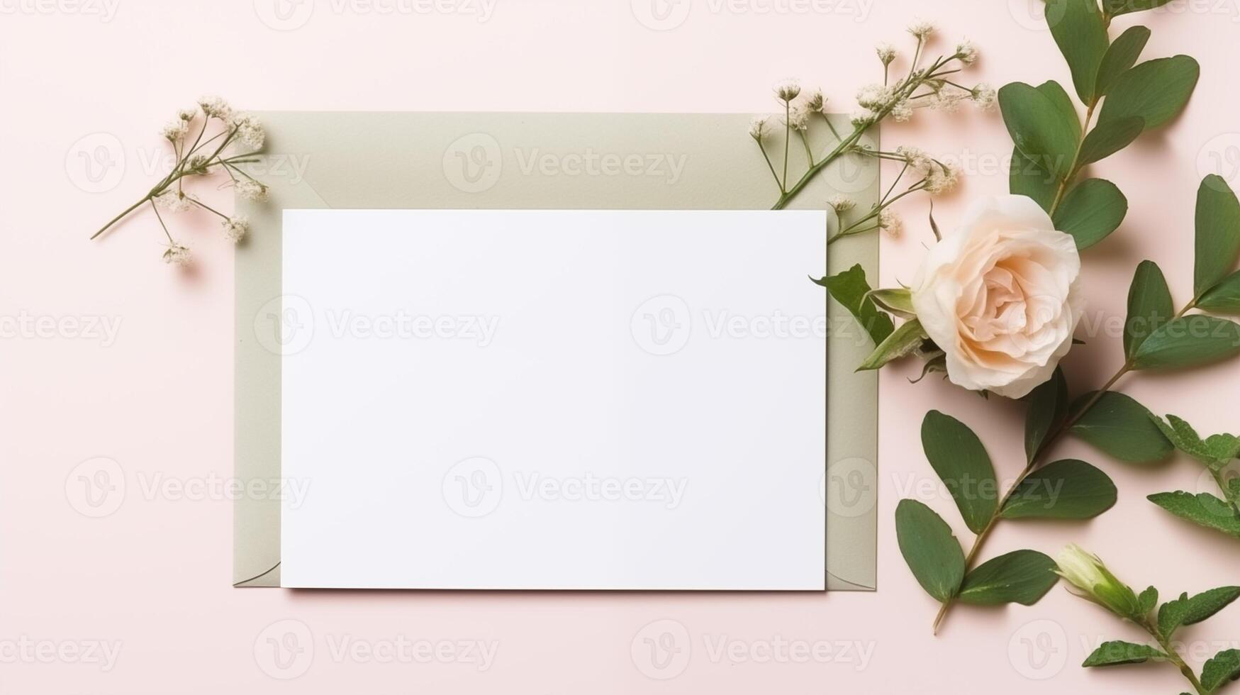 Blank white card mockup with peach rose on pastel background. Elegantly arranged paper template advertising image. Romantic gentle flowers green leaves mock up product photorealistic photo